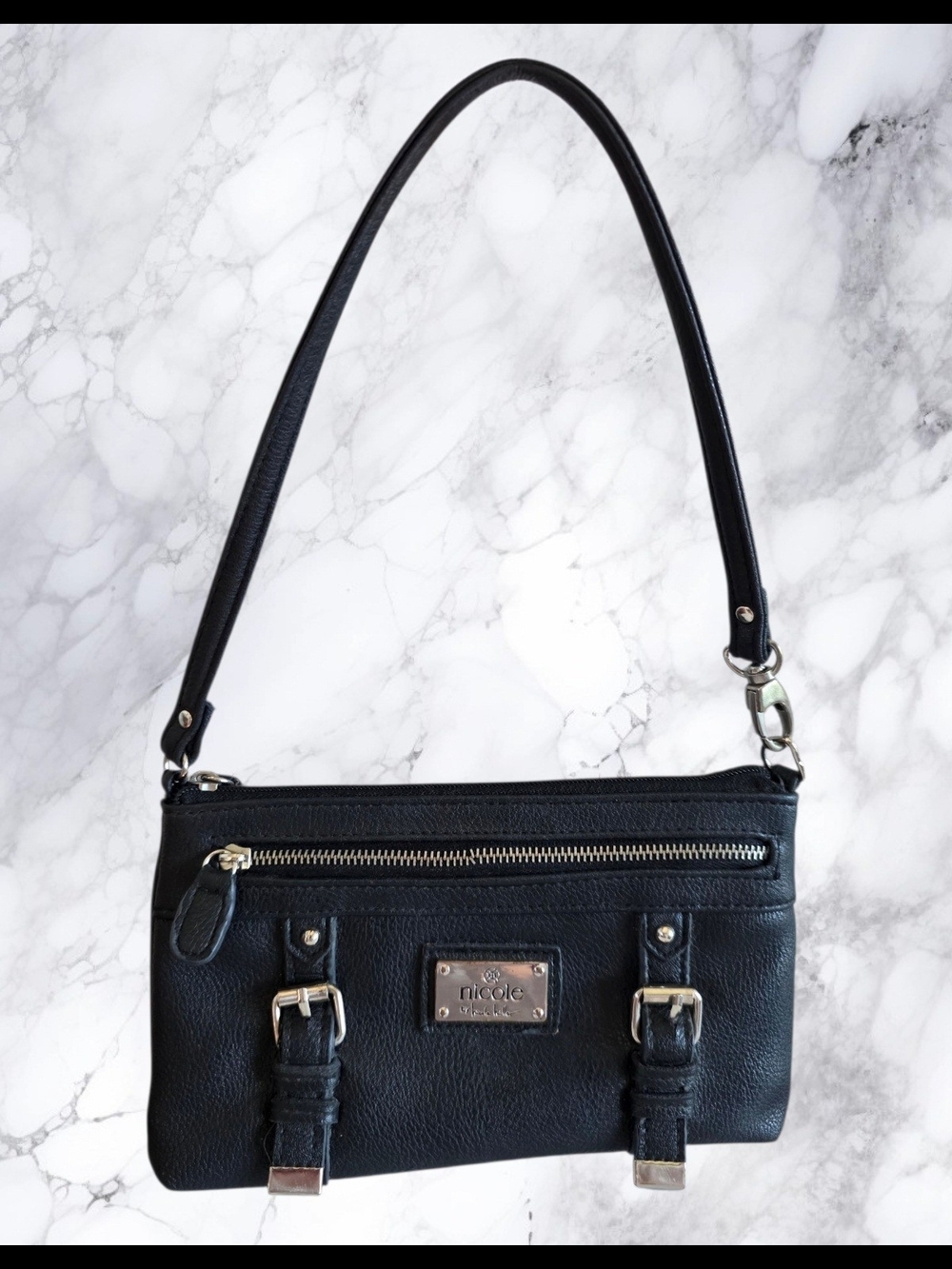 Nicole by Nicole Miller Black Mini Shoulder Bag Y2K Moto Buckle Wristlet